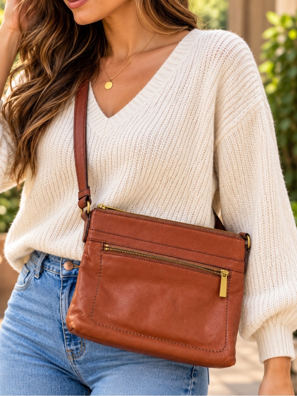 Fossil Brown Cowhide Leather Crossbody Bag Gold Hardware